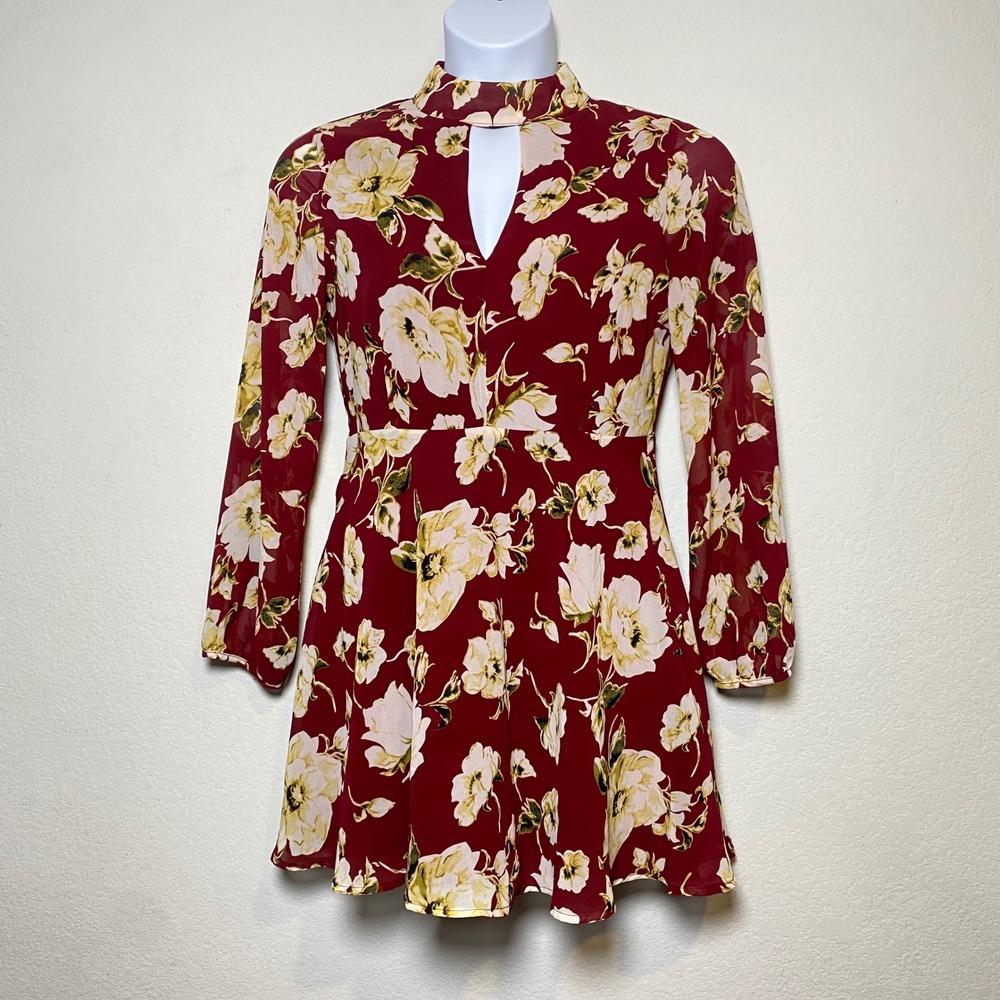 LUCCA Burgundy Floral Keyhole Neck Long Sleeve Mini Dress Women's Size M